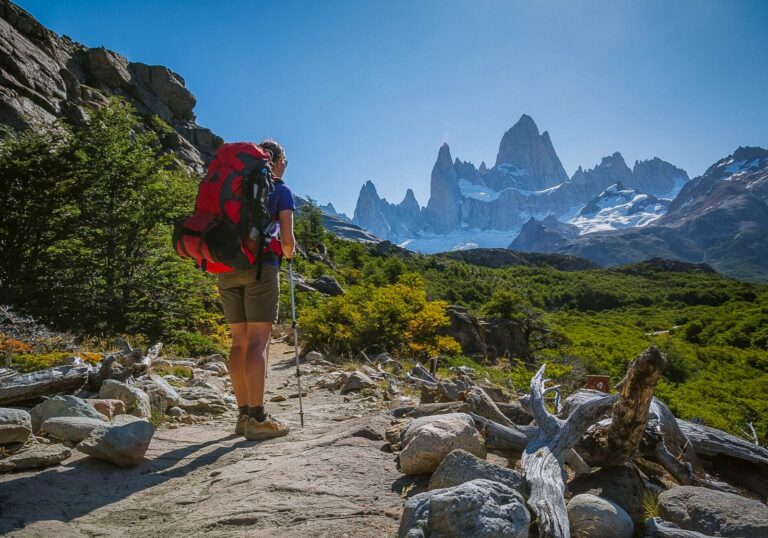 Person hiking in El Chaltén, Patagonia, Argentina.