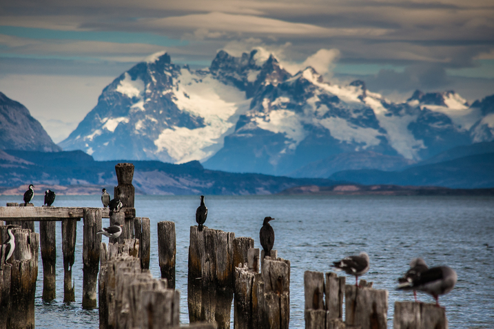 Puerto Natales pier with mountains in the background.