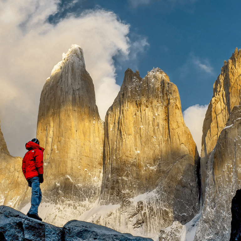 a person looking at torres del paine