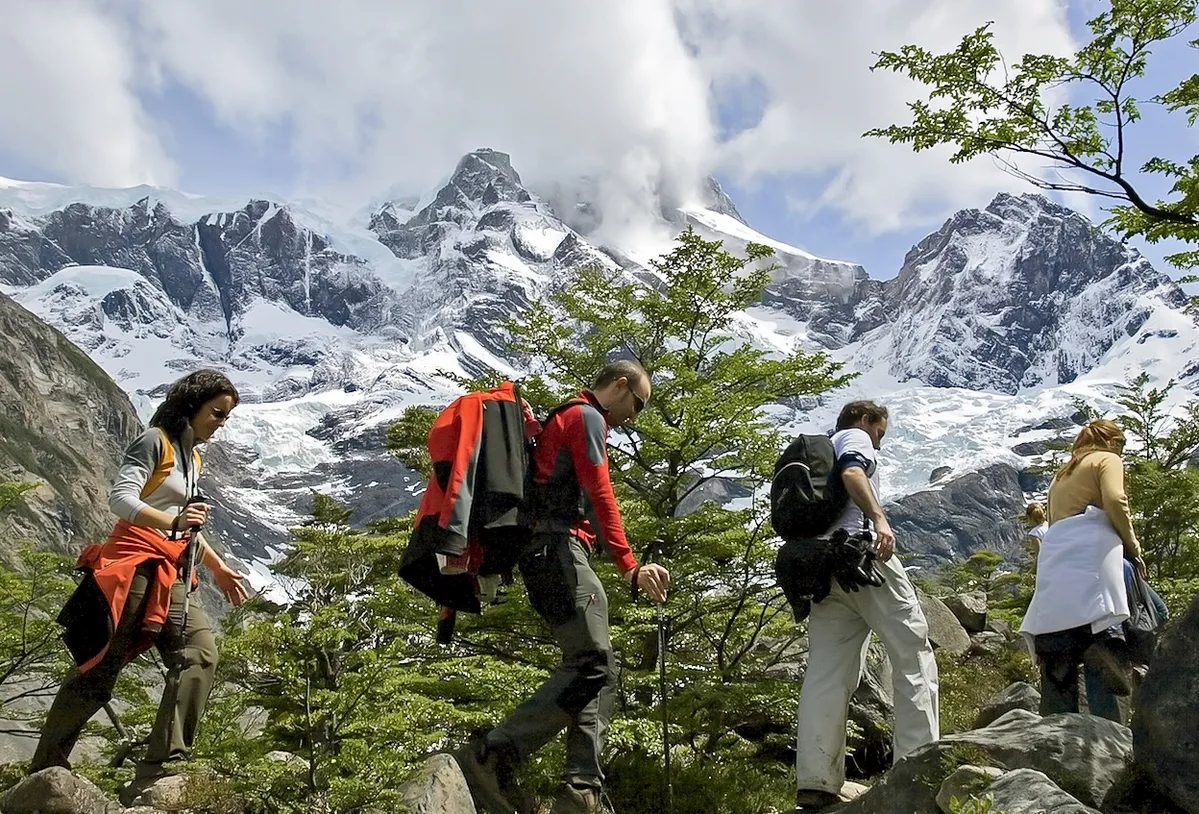 Group of hikers in valle frances, torres del paine