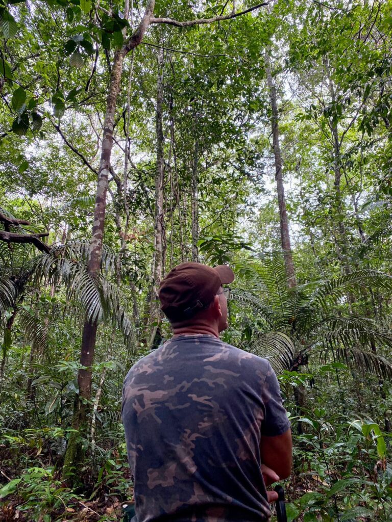 man backwards contemplating nature in te amazon - 