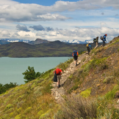 Tourist group hiking in Torres del Paine