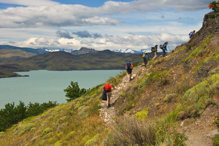 Tourist group hiking in Torres del Paine