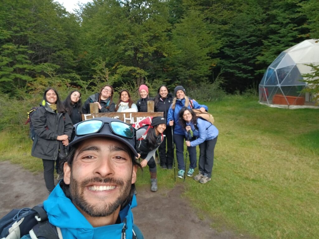 Our group at the entrance sign, about to start the Hike to Glacier Huemul in El Chalt&eacute;n, Patagonia, Argentina. 