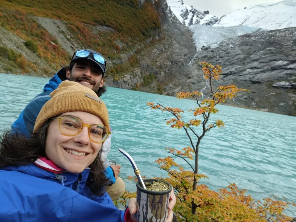 A moment to think and drink "mate" facing Glacier Huemul with our guide in El Chalt&eacute;n, Patagonia, Argentina.