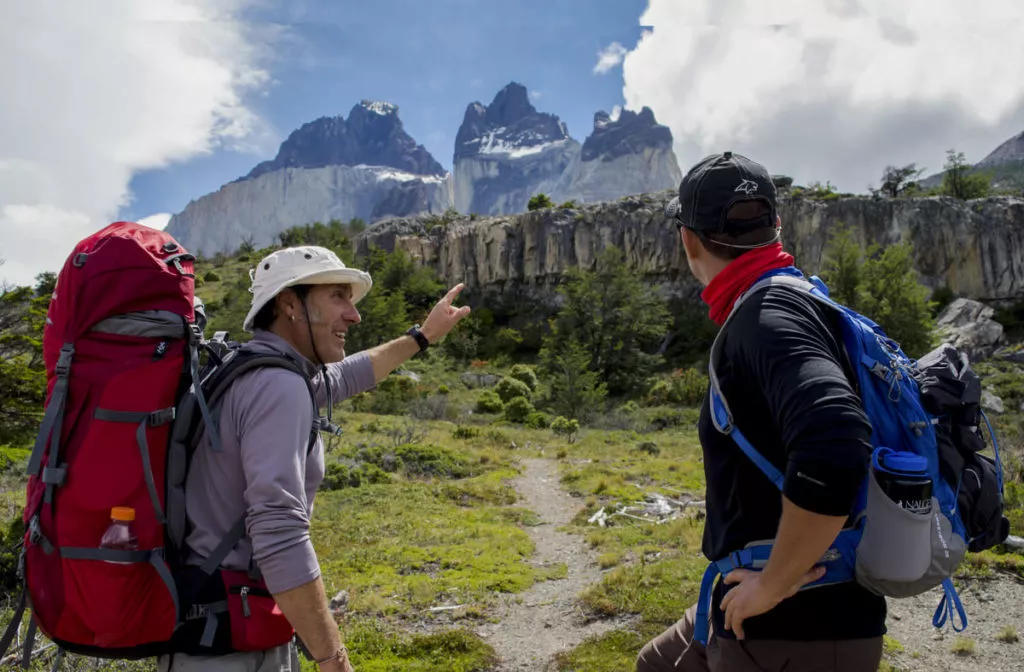 Hiking to a waterfall in Torres del Paine